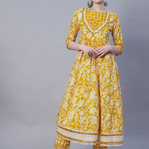 Floral Printed Resham & Pearl Embroidered Anarkali Kurta with Pants & Shaded Embroidered Dupatta - Mustard