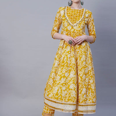 Floral Printed Resham & Pearl Embroidered Anarkali Kurta with Pants & Shaded Embroidered Dupatta - Mustard