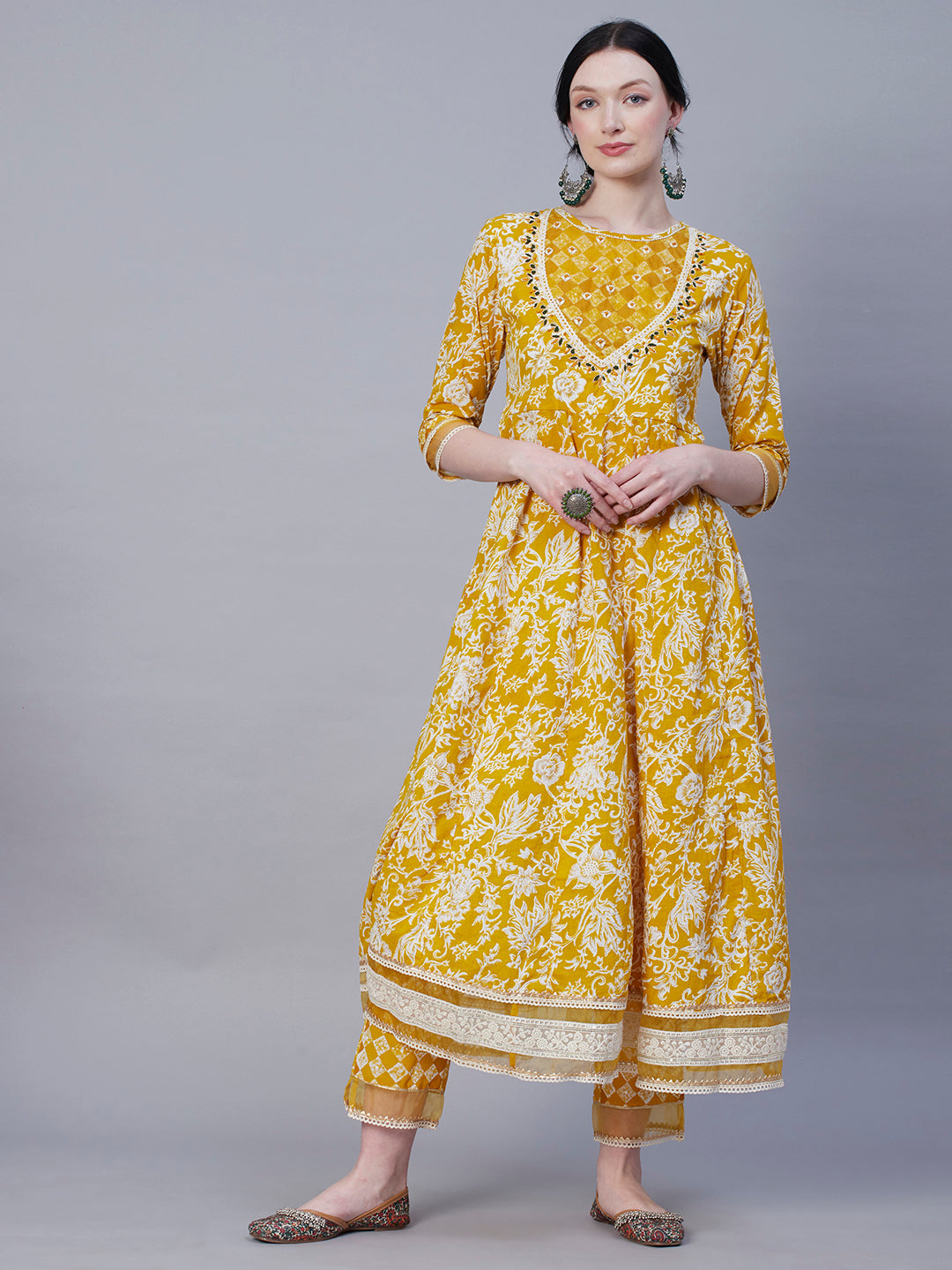 Floral Printed Resham & Pearl Embroidered Anarkali Kurta with Pants & Shaded Embroidered Dupatta - Mustard