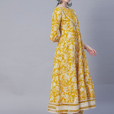 Floral Printed Resham & Pearl Embroidered Anarkali Kurta with Pants & Shaded Embroidered Dupatta - Mustard