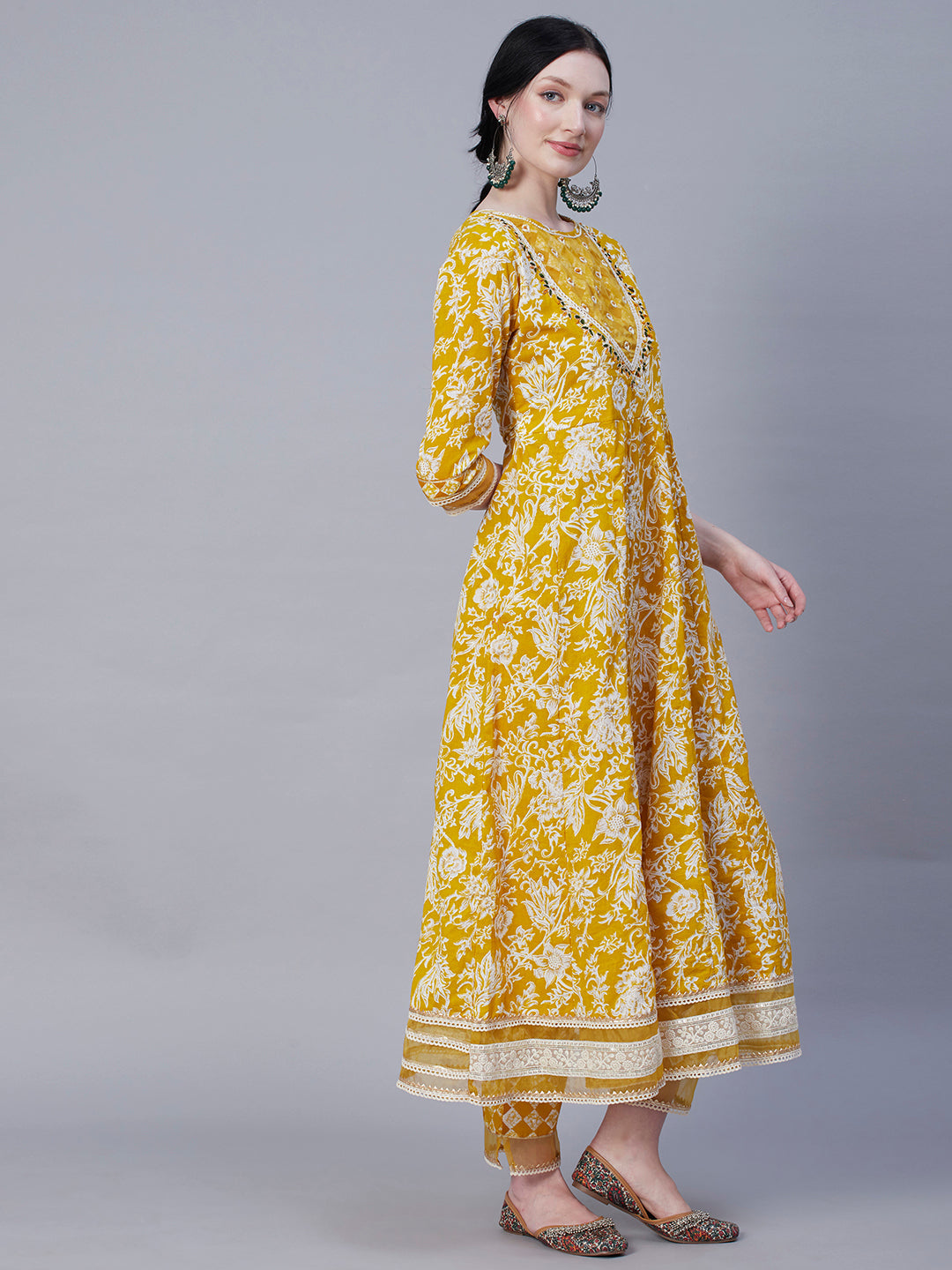 Floral Printed Resham & Pearl Embroidered Anarkali Kurta with Pants & Shaded Embroidered Dupatta - Mustard