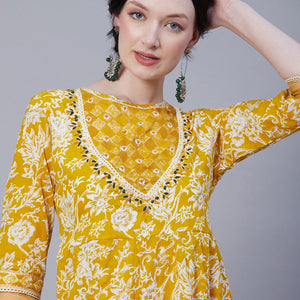 Floral Printed Resham & Pearl Embroidered Anarkali Kurta with Pants & Shaded Embroidered Dupatta - Mustard