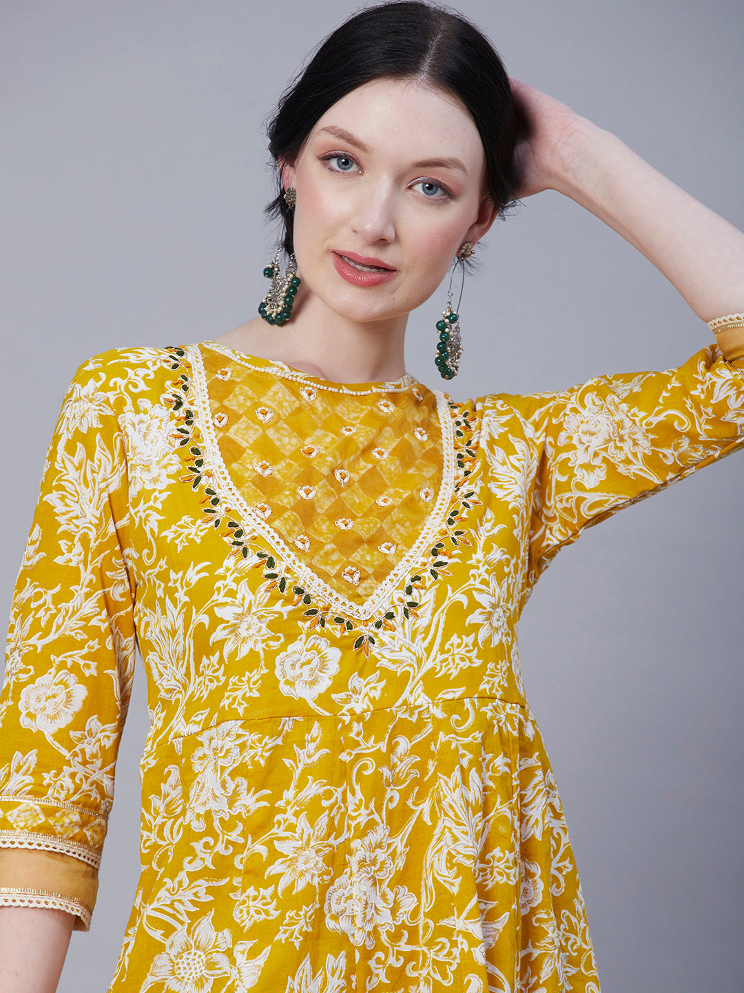 Floral Printed Resham & Pearl Embroidered Anarkali Kurta with Pants & Shaded Embroidered Dupatta - Mustard