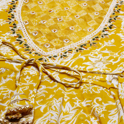 Floral Printed Resham & Pearl Embroidered Anarkali Kurta with Pants & Shaded Embroidered Dupatta - Mustard