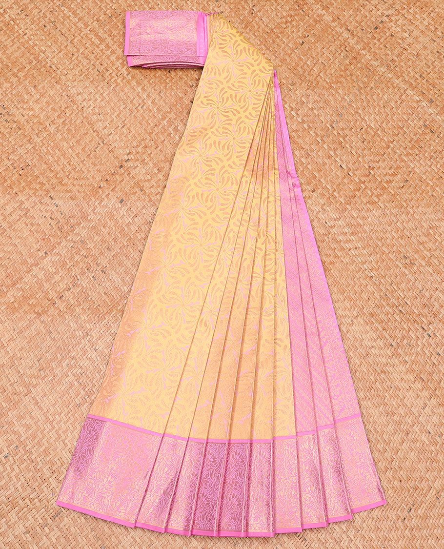 Yellow jacquard wedding silksaree, contrast diagonal striped pallu & zari border of floral jaal designs