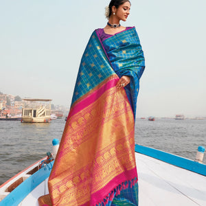 Cyan Handloom Kanchipuram Silk Saree With Checks & Annam Buttas