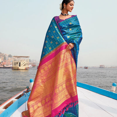 Cyan Handloom Kanchipuram Silk Saree With Checks & Annam Buttas