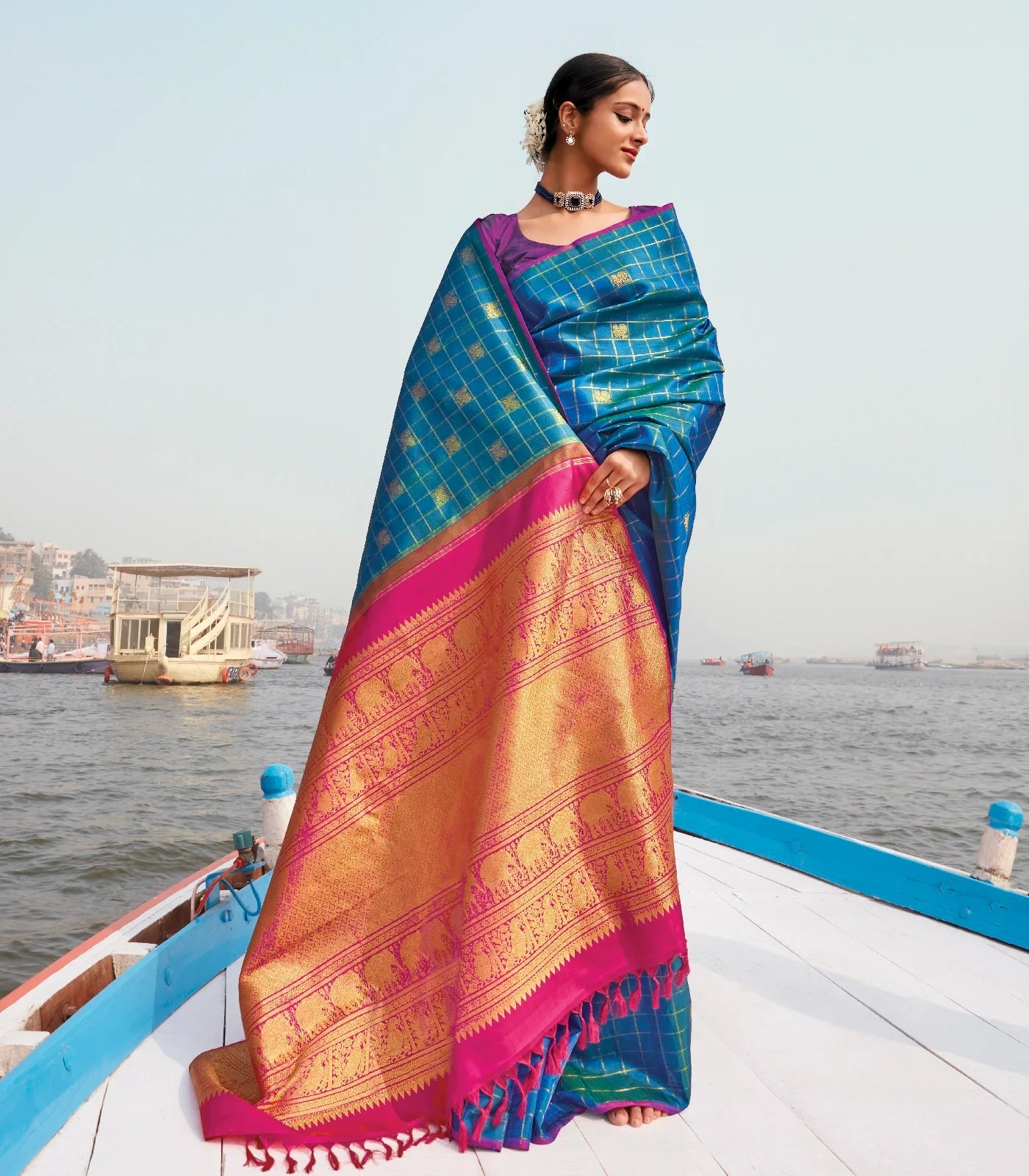 Cyan Handloom Kanchipuram Silk Saree With Checks & Annam Buttas