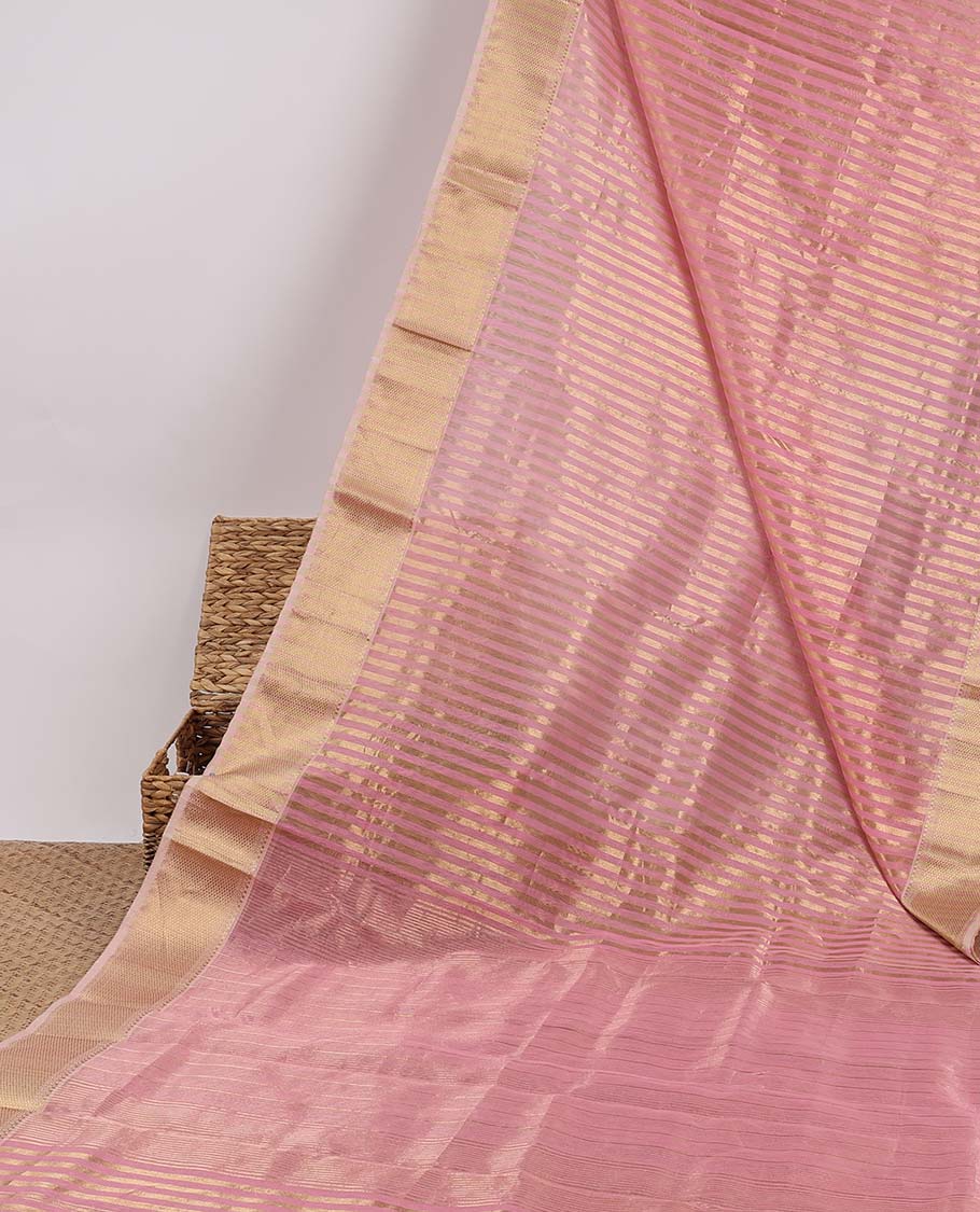 Pink striped crushed tissue saree, traditional design zari border & pallu of stripes