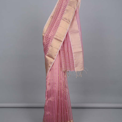 Pink striped crushed tissue saree, traditional design zari border & pallu of stripes