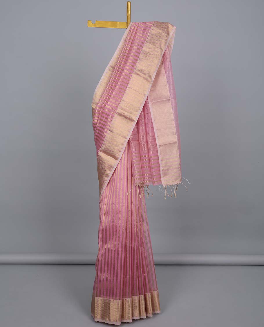 Pink striped crushed tissue saree, traditional design zari border & pallu of stripes