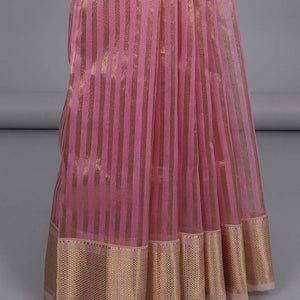 Pink striped crushed tissue saree, traditional design zari border & pallu of stripes