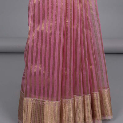 Pink striped crushed tissue saree, traditional design zari border & pallu of stripes