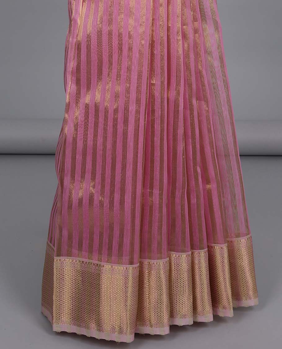 Pink striped crushed tissue saree, traditional design zari border & pallu of stripes