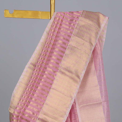 Pink striped crushed tissue saree, traditional design zari border & pallu of stripes