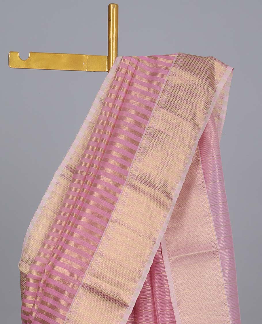 Pink striped crushed tissue saree, traditional design zari border & pallu of stripes