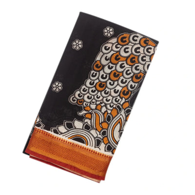 Black Woven Kalamkari Printed Cotton Saree With Peacock Motifs