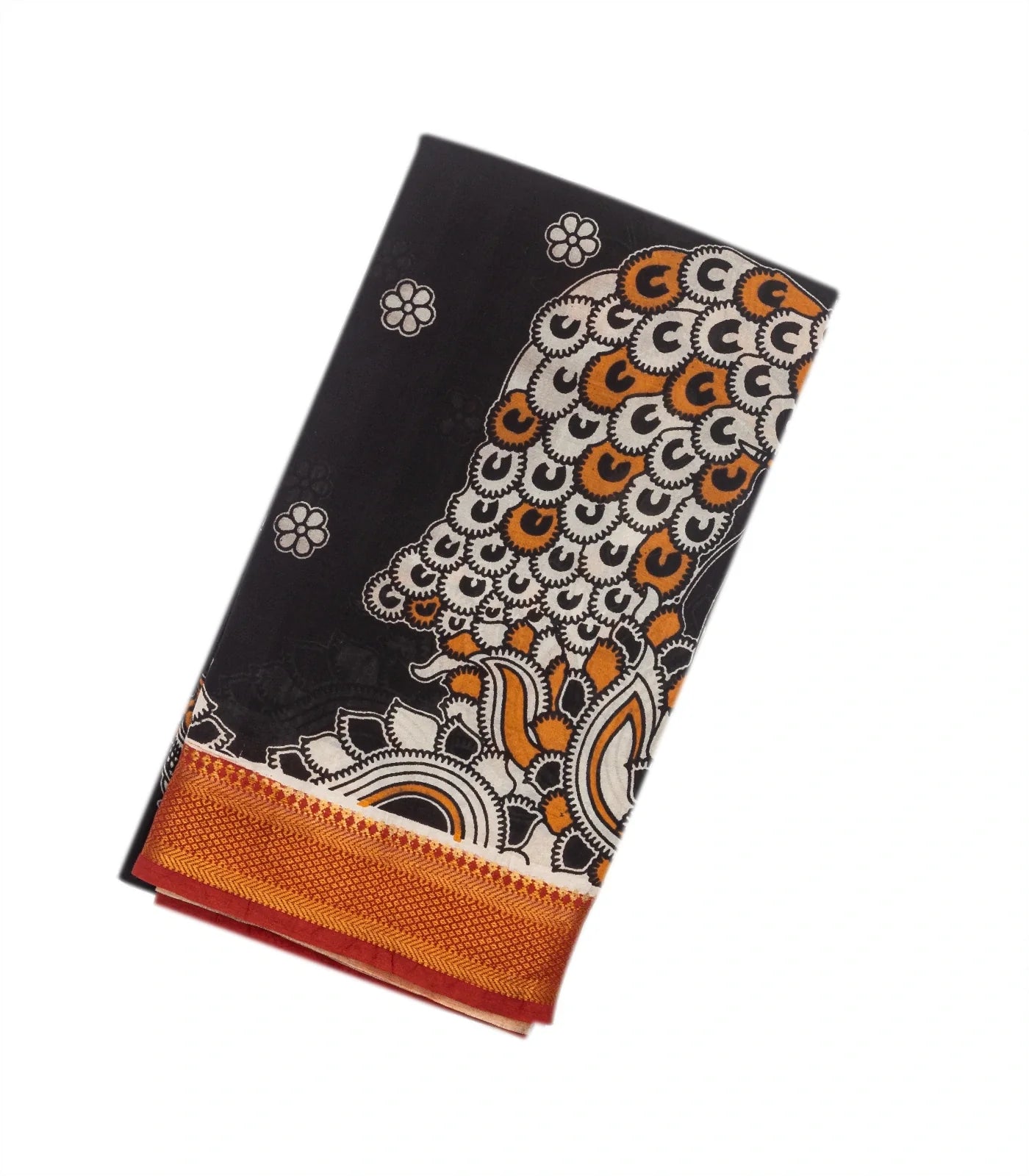 Black Woven Kalamkari Printed Cotton Saree With Peacock Motifs