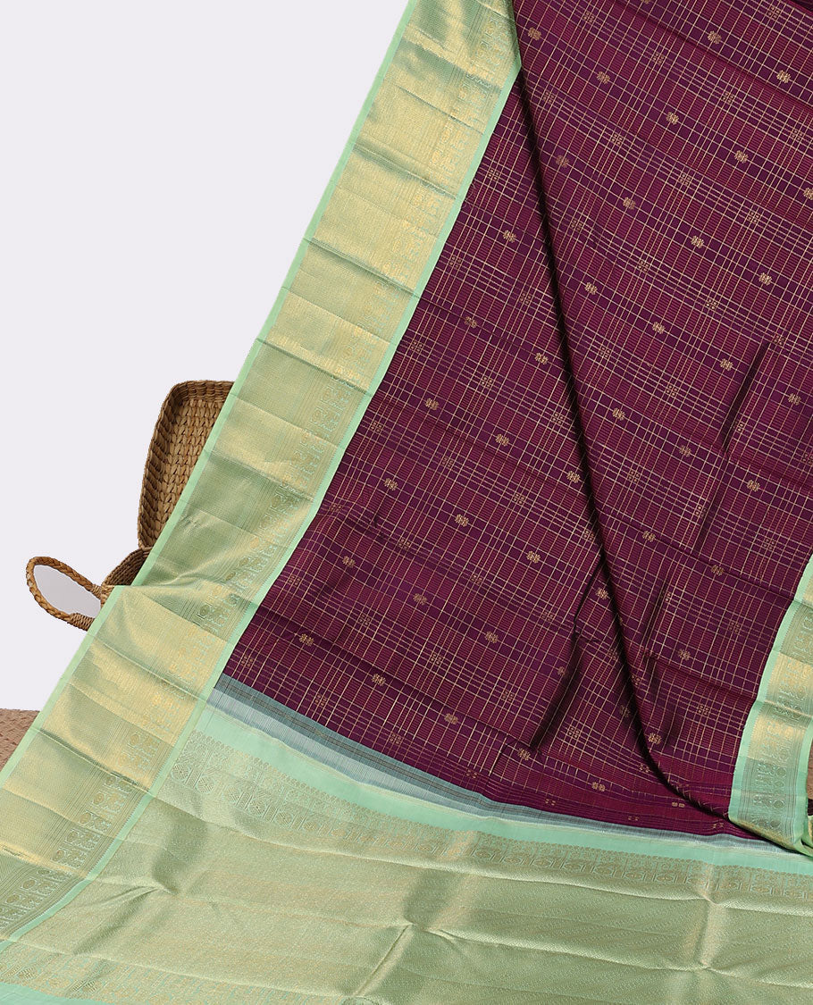 Purple zari designs kanchipuram silksaree,contrast intricate pallu & korvai border of rekku,neli,mayil,poun & kuyil kann