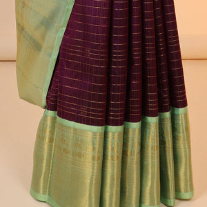 Purple zari designs kanchipuram silksaree,contrast intricate pallu & korvai border of rekku,neli,mayil,poun & kuyil kann