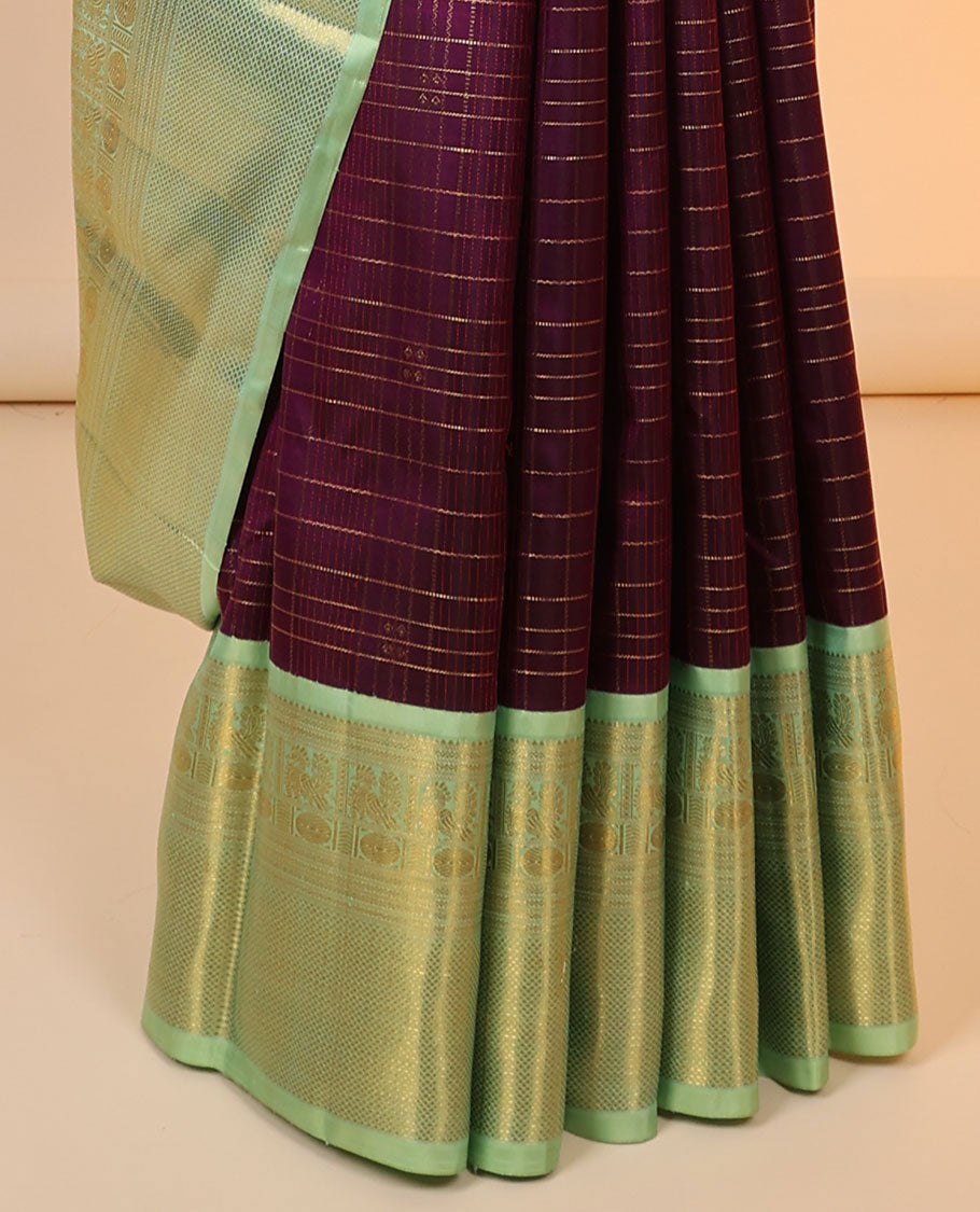 Purple zari designs kanchipuram silksaree,contrast intricate pallu & korvai border of rekku,neli,mayil,poun & kuyil kann