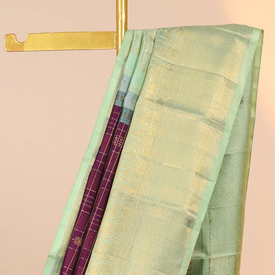 Purple zari designs kanchipuram silksaree,contrast intricate pallu & korvai border of rekku,neli,mayil,poun & kuyil kann