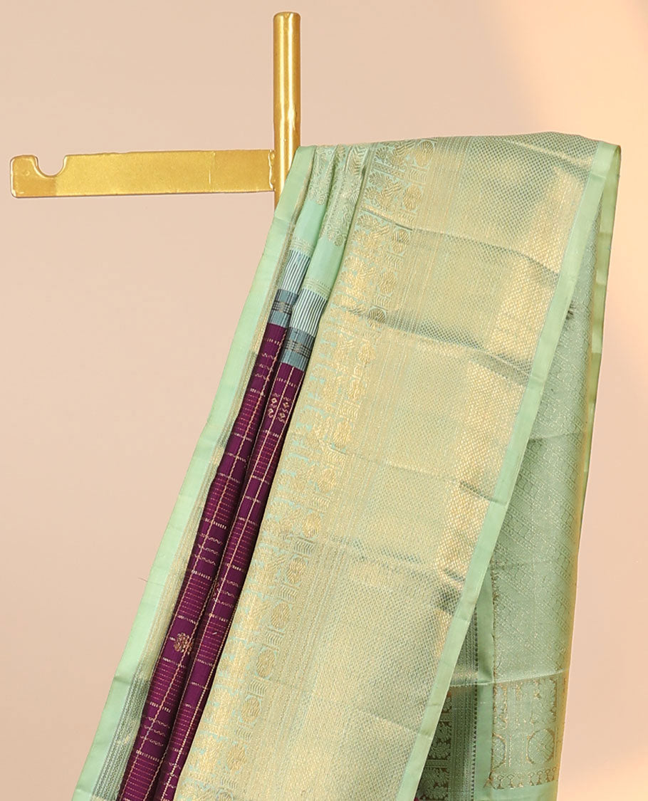 Purple zari designs kanchipuram silksaree,contrast intricate pallu & korvai border of rekku,neli,mayil,poun & kuyil kann