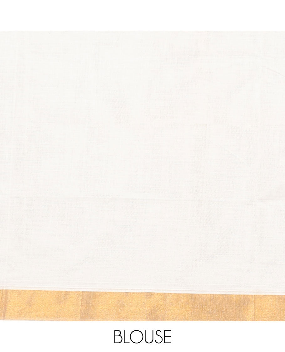 Cream kerala saree with zari designs, zari border & pallu of paisley designs in zari