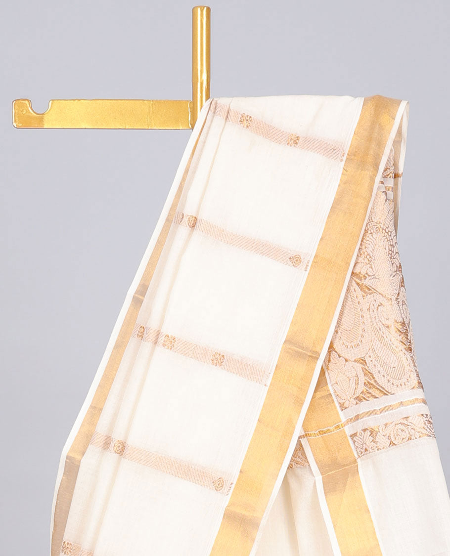 Cream kerala saree with zari designs, zari border & pallu of paisley designs in zari