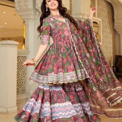 Multi Rose Handblock Sharara Set