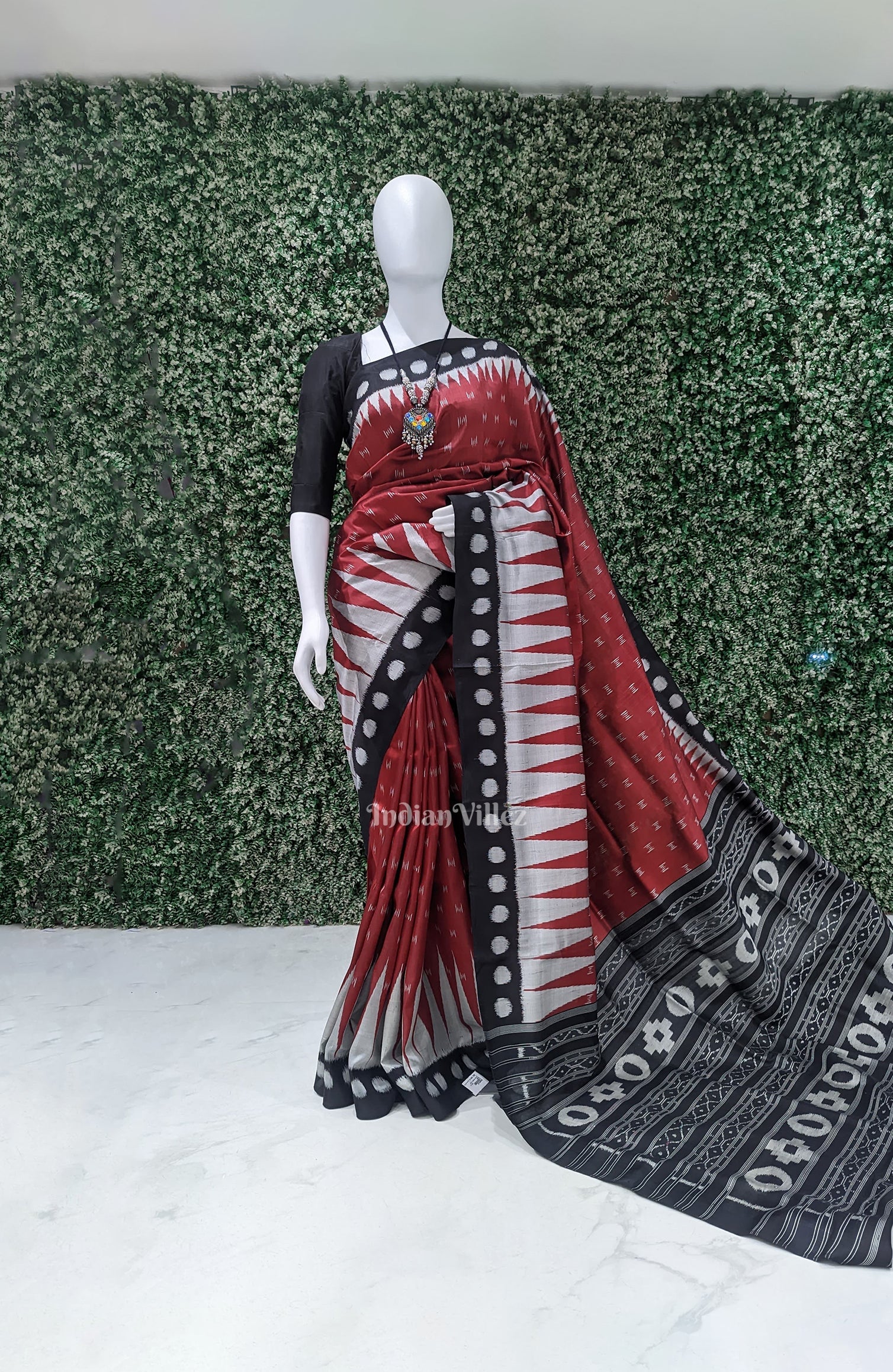 Maroon & Black Contemporary Soft Odisha Ikat Silk Saree