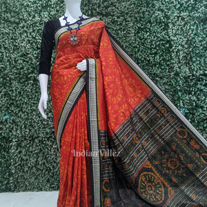 Deep Red Black Tribal Theme Sambalpuri Silk Saree