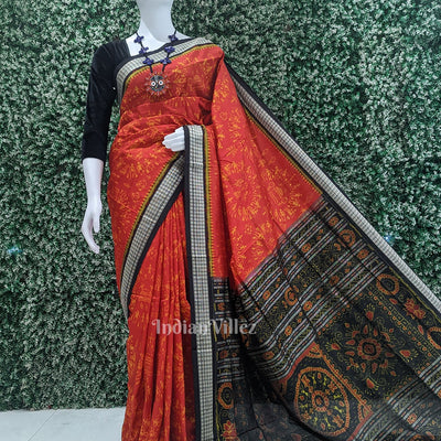 Deep Red Black Tribal Theme Sambalpuri Silk Saree