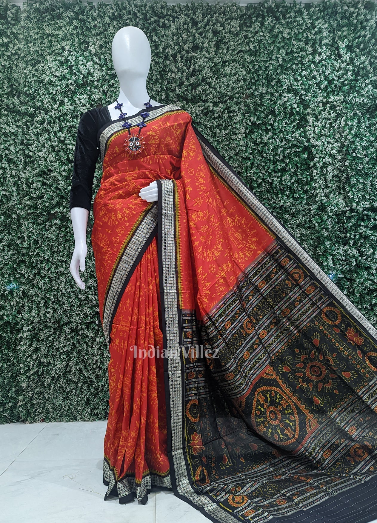 Deep Red Black Tribal Theme Sambalpuri Silk Saree