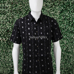 Black Odisha Ikat Cotton Half Sleeve Shirt for Men