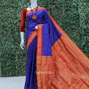 Blue Red Fish Motif Sambalpuri Silk Saree with Tissue Anchal