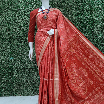 Peach Red Nabakothi Odisha Ikat Sambalpuri Silk Saree