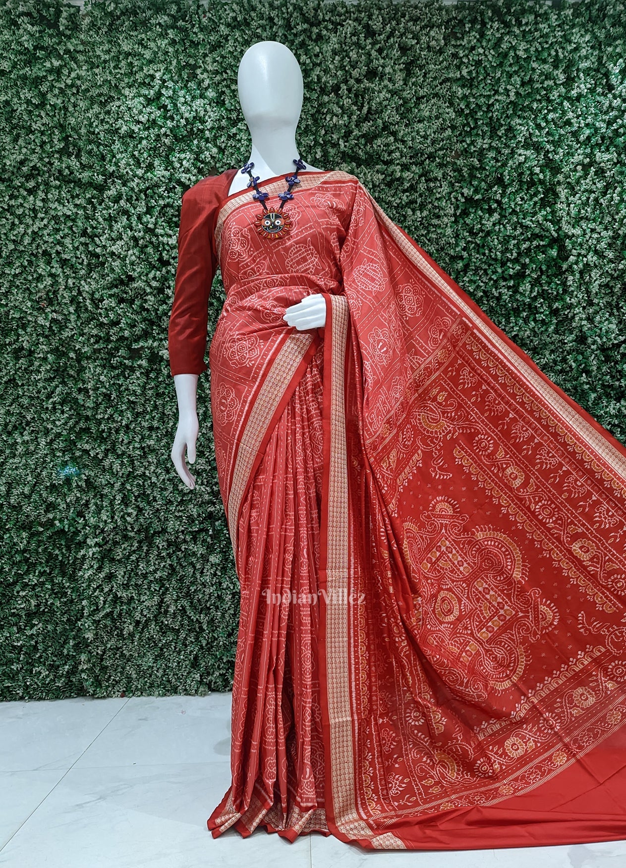 Peach Red Nabakothi Odisha Ikat Sambalpuri Silk Saree