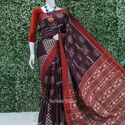 Coffee with Red Lotus Theme Contemporary Designer Silk Saree