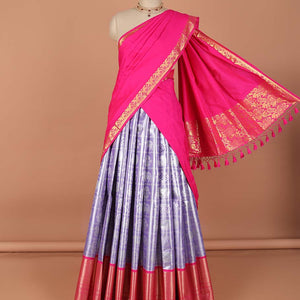 Lavender checked with floral design art-silk half saree, contrast traditional zari border,zari design blouse & floral dhavani