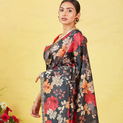 Black Handloom Tussar Silk Saree With Printed Floral Motifs