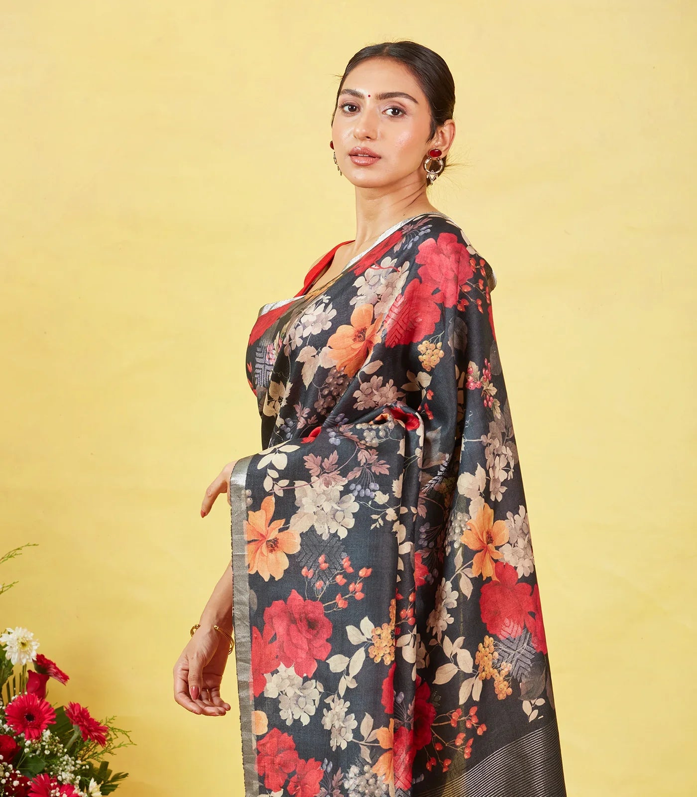 Black Handloom Tussar Silk Saree With Printed Floral Motifs