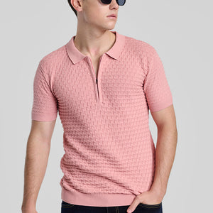 Light Pink Zipper Knitted Polo T-Shirt