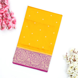 Yellow Handwoven Banarasi Silk Saree With Floral Buttas & Contrast Border