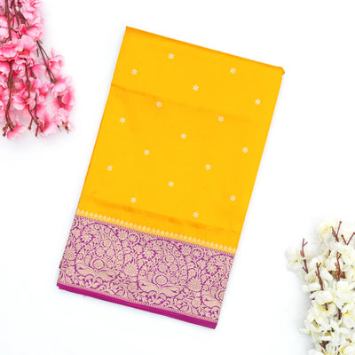 Yellow Handwoven Banarasi Silk Saree With Floral Buttas & Contrast Border