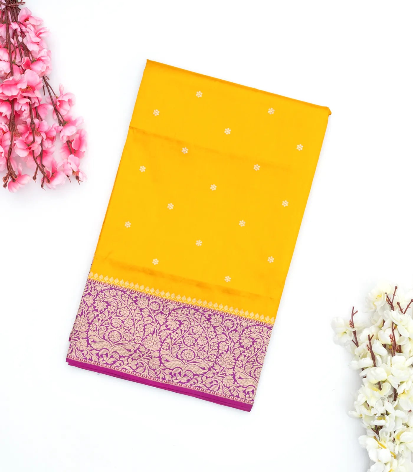 Yellow Handwoven Banarasi Silk Saree With Floral Buttas & Contrast Border