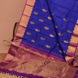 Blue manga buttas silk saree with contrast traditional zari border & intricate  zari design pallu