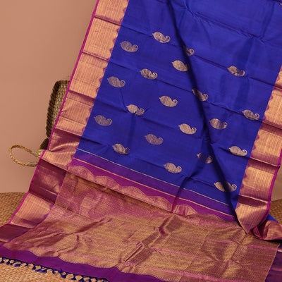 Blue manga buttas silk saree with contrast traditional zari border & intricate  zari design pallu