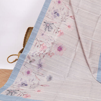Cream floral digital printed semi-banaras tussar saree with contrast plain border