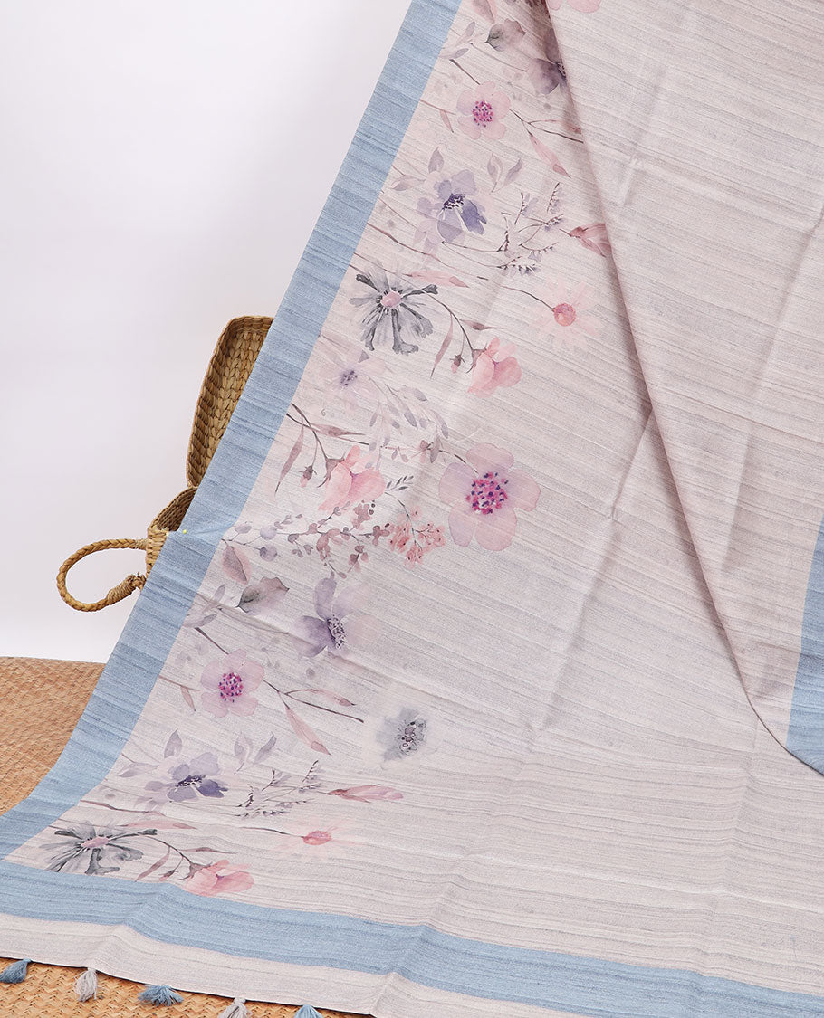 Cream floral digital printed semi-banaras tussar saree with contrast plain border